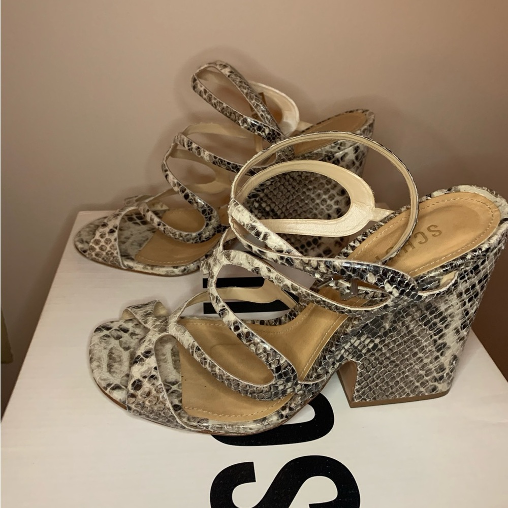 SCHULTZ Neutral Snakeskin Python Block Heel Cage Sandals